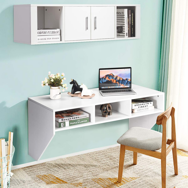 Dreamade Wall Mounted Storage Cabinet and Floating Computer Desk Set W/Storage Shelves for Living Room