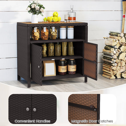 DREAMADE Outdoor Storage Cabinet, Wicker Patio Cabinet with Wood Top, Brown