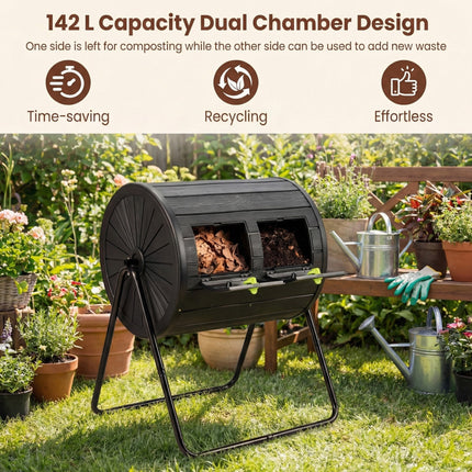 DREAMADE 37.5 Gallon Compost Bin, Dual Chamber Tumbler Composter, Black