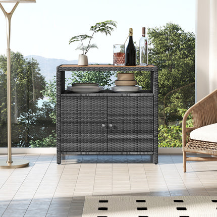 DREAMADE Outdoor Storage Cabinet, Wicker Patio Cabinet with Wood Top, Grey