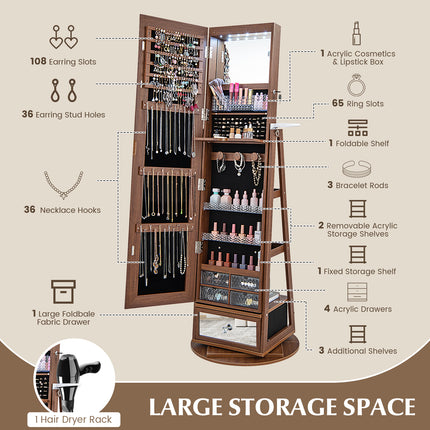 DREAMADE 360° Swivel Jewelry Cabinet with Body Mirror, Full Length Mirror with Storage Jewelry Armoire with Back Storage Shelve