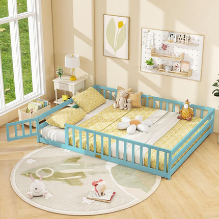 Dreamade Floor Bed with Door & Fence Kids Wood Montessori Beds with Safety Guardrails
