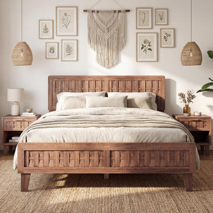 Dreamade Wood Bed Frame with Woven Headboard (Full/Twin/Queen)
