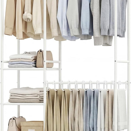 Dreamade Heavy-Duty Metal Clothing Rack with 2 Hanging Rods & 4 Storage Shelves