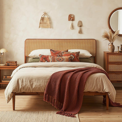Dreamade Wooden Bed Frame Full/Twin/Queen Size with Rattan Headboard
