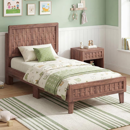 Dreamade Wood Bed Frame with Woven Headboard (Full/Twin/Queen)