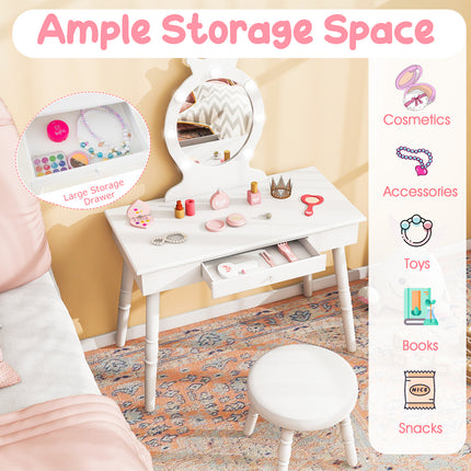 DREAMADE 2-in-1 Kids Makeup Vanity, Girls Vanity w/Lights, Stool, Mirror & Drawer