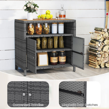 DREAMADE Outdoor Storage Cabinet, Wicker Patio Cabinet with Wood Top, Grey