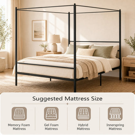 DREAMADE Full Size Canopy Bed Frame, Metal Four Poster Bed, Black