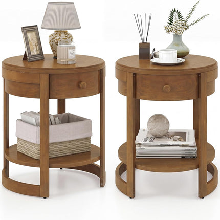 Dreamade Round Side Tables Set of 1/2 | 2-Tier Retro End Tables with Drawer & Shelf