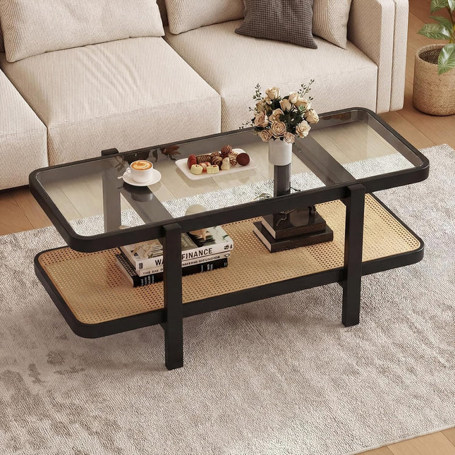 Dreamade Rattan Coffee Table, 47.5" Rectangle Solid Wood Tea Table w/Tempered Glass Tabletop