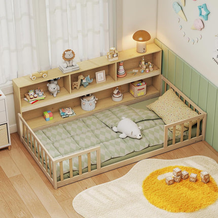 Dreamade Wooden Montessori Bed Frame with Bookcase