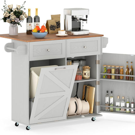 Dreamade Kitchen Island Cart with Hidden Tilt Out Trash Can Cabinet, Drop Leaf, 2 Drawers, Towel Rack