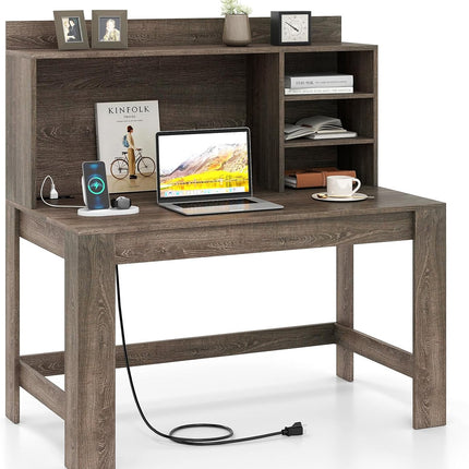 Dreamade Computer Desk with Hutch, Modern Home Office Desk with Power Outlets, Storage Shelves & Cable Hole