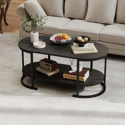 Dreamade 2-Tier Coffee Table Oval Center Table with Wood Grain Top & Open Storage Shelf