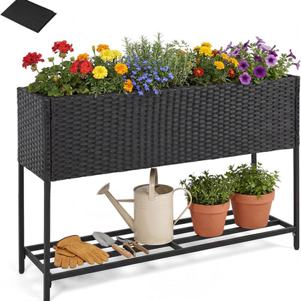 Dreamade Raised Garden Bed with Legs, Rattan Elevated Planter Box w/Storage Shelf
