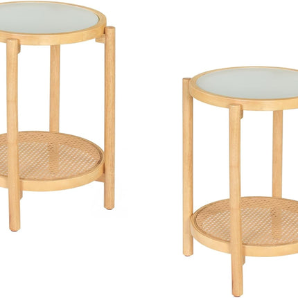 Dreamade 2-Tier Boho Rattan Round Side Table w/Tempered Glass Top (1/2)