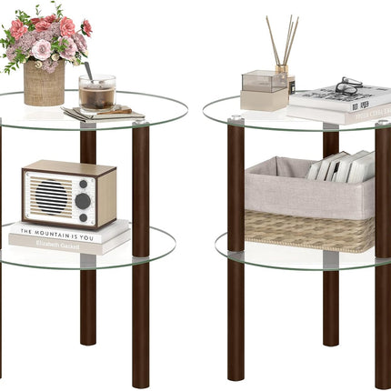 Dreamade Round/Square 2-Tier Sofa Side Table with Clear Tempered Glass Top & Shelf (1/2)