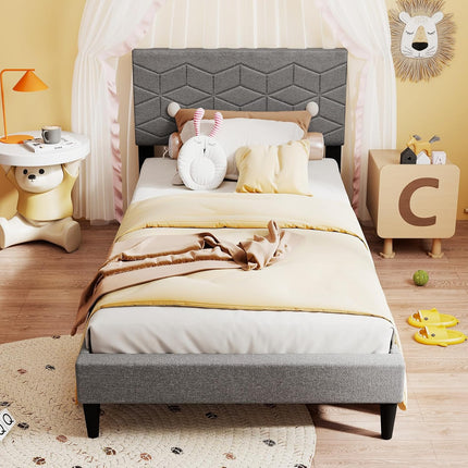 Dreamade Queen/Full/Twin Size Upholstered Bed Frame Modern Platform Bed with Linen Fabric Geometric Headboard