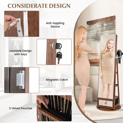 DREAMADE 360° Swivel Jewelry Cabinet with Body Mirror, Full Length Mirror with Storage Jewelry Armoire with Back Storage Shelve