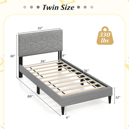 Dreamade Queen/Full/Twin Size Upholstered Bed Frame Modern Platform Bed with Linen Fabric Geometric Headboard
