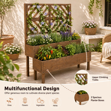 DREAMADE Raised Garden Bed with Trellis, 2-Tier Wooden Planter Box, Brown