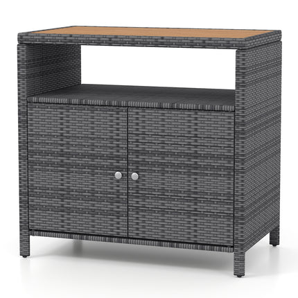 DREAMADE Outdoor Storage Cabinet, Wicker Patio Cabinet with Wood Top, Grey