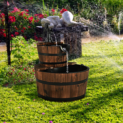 Dreamade 2-Tier Barrel Waterfall Fountain with Hand Pump