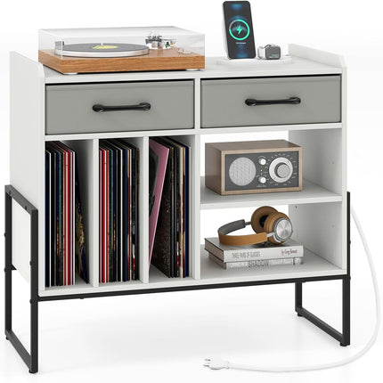Dreamade Large Record Player Stand with Charging Station Mid Century Modern Vinyl Storage Cabinet