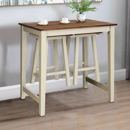 3 Piece Pub Dining Set, Counter Height Pub Table with 2 Saddle Bar Stools, Tavern Collection Table (Brown & Milky White) - Dreamadeus