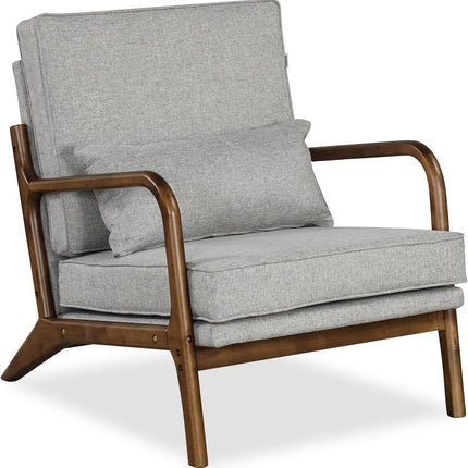 Dreamade Mid Century Modern Accent Chair, Upholstered Armchair with Pillow, Rubber Wood Armrests & Legs