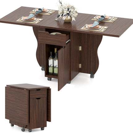 Dreamade Folding Dining Table 3-in-1 Space-Saving Drop Leaf Kitchen Table with Lockable Wheels