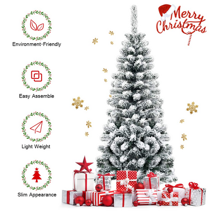 Dreamade Artificial Snow Flocked Christmas Tree, Slim Xmas Snowy Tree for Indoor and Outdoor Use - DreamadeUS