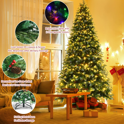 Dreamade 8FT Pre-Lit Artificial Christmas Tree, Hinged Realistic Snowy Xmas Pine Tree W/ 780 Color Changing LED Lights, 11 Flash Modes - DreamadeUS