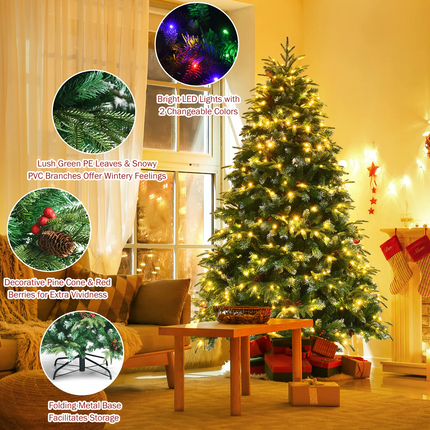 Dreamade 7FT Pre-Lit Artificial Christmas Tree, Hinged Realistic Snowy Xmas Pine Tree W/ 450 Color Changing LED Lights, 11 Flash Modes - DreamadeUS