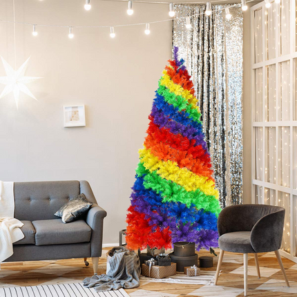 Dreamade 7FT Colorful Rainbow Full Fir Christmas Tree, Artificial Hinged Christmas Tree w/Solid Metal Stand - DreamadeUS