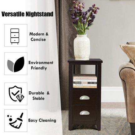 Dreamade End Table Wooden W/ 2 Drawers and Shelf Space-Saving Rectangular Bedside Table