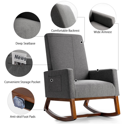Dreamade Upholstered Rocking Chair, Modern Fabric Armchair w/Wood Base