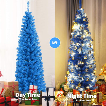 6ft Blue Pencil Christmas Tree, Artificial Slim Tree - DreamadeUS