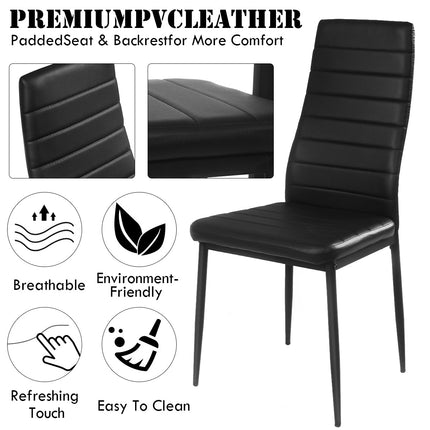 5 Piece Kitchen Dining Table Set with Glass Table Top Leather Padded 4 Chairs (Black) - Dreamadeus