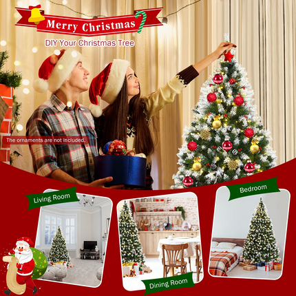 Dreamade Pre-lit Snow Flocked Christmas Tree,Hinged Artificial Xmas Tree, Indoor Holiday Festival Decoration - DreamadeUS