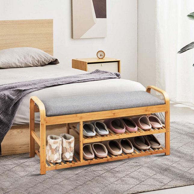 Dreamade Shoe Rack Bench, Entryway 3-Tier Bamboo Shoe Organizer with Cushion (Natural and Grey)