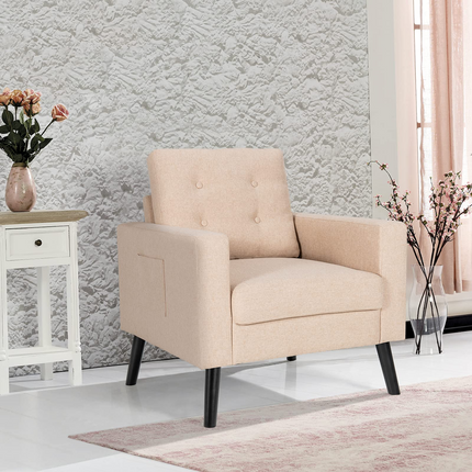 Linen Fabric Armchairs with Side Pockets and Wood Legs, Set of 2 - Dreamade