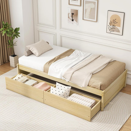 Dreamade Queen/Full/Twin Size Bed Frame with 2 Storage Drawers, Solid Wood Platform Bed with Slats Support