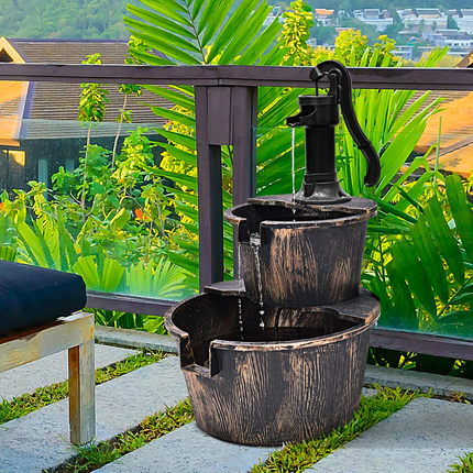 Dreamade 2-Tier Rustic Barrel Waterfall Fountain with Pump