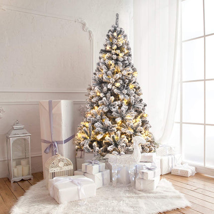6FT/9FT Snow Flocked Christmas Tree, Hinged Pine Tree - DreamadeUS