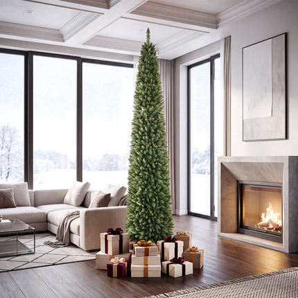 5ft Prelit Pencil Christmas Tree, Artificial Slim Xmas Tree with 150 Warm White LED Lights & 296 Full Branches
