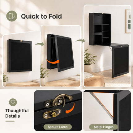 DREAMADE Folding Wall Desk, Wall Mounted Table with Storage, Fold Out Table with Shelves