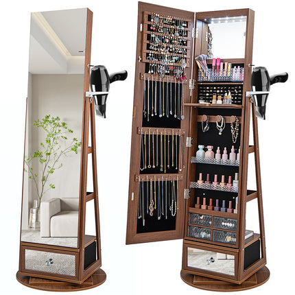 DREAMADE 360° Swivel Jewelry Cabinet with Body Mirror, Full Length Mirror with Storage Jewelry Armoire with Back Storage Shelve