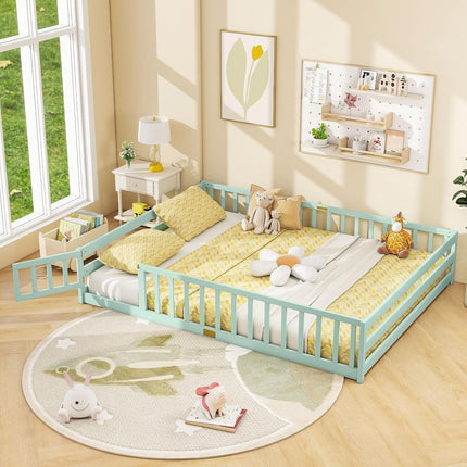 Dreamade Floor Bed with Door & Fence Kids Wood Montessori Beds with Safety Guardrails